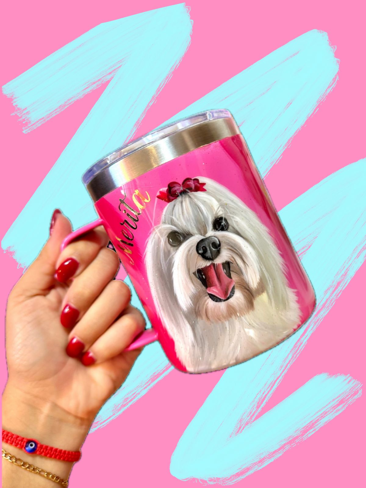 Hand-Painted Stainless Steel Coffee Tumbler With Handle - 12 oz